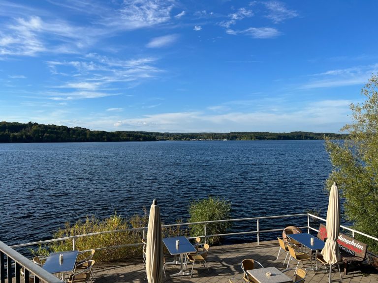 Blick auf einen ruhigen See mit Bäumen und Sonnenschirmen am Ufer.